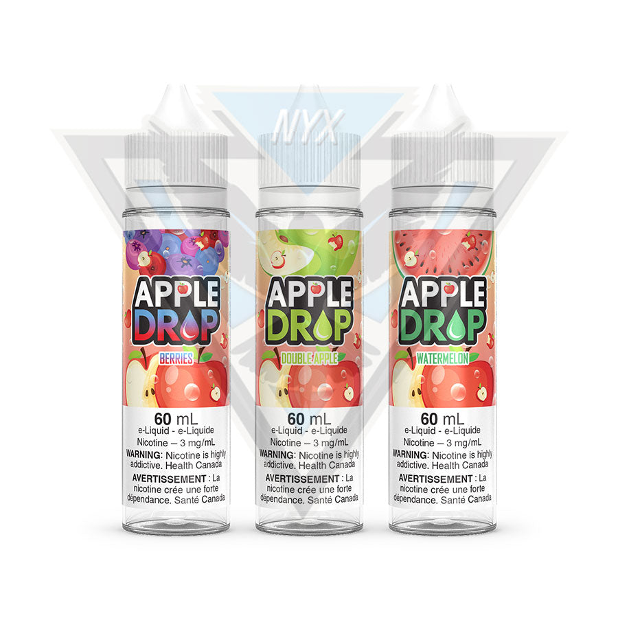 This image includes 3 apple drop variants including berries, double apple, and watermelon. These are all eliquids from the brand apple drop