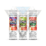 This image includes 3 apple drop variants including berries, double apple, and watermelon. These are all eliquids from the brand apple drop